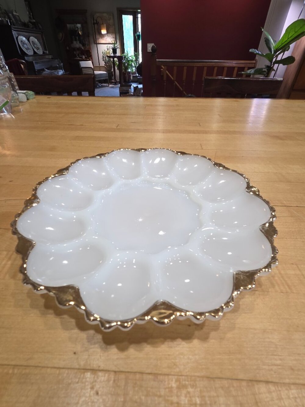 Vintage Anchor Hocking Milk Glass Deviled Egg Plate Gold Trim Scalloped 10 Inch